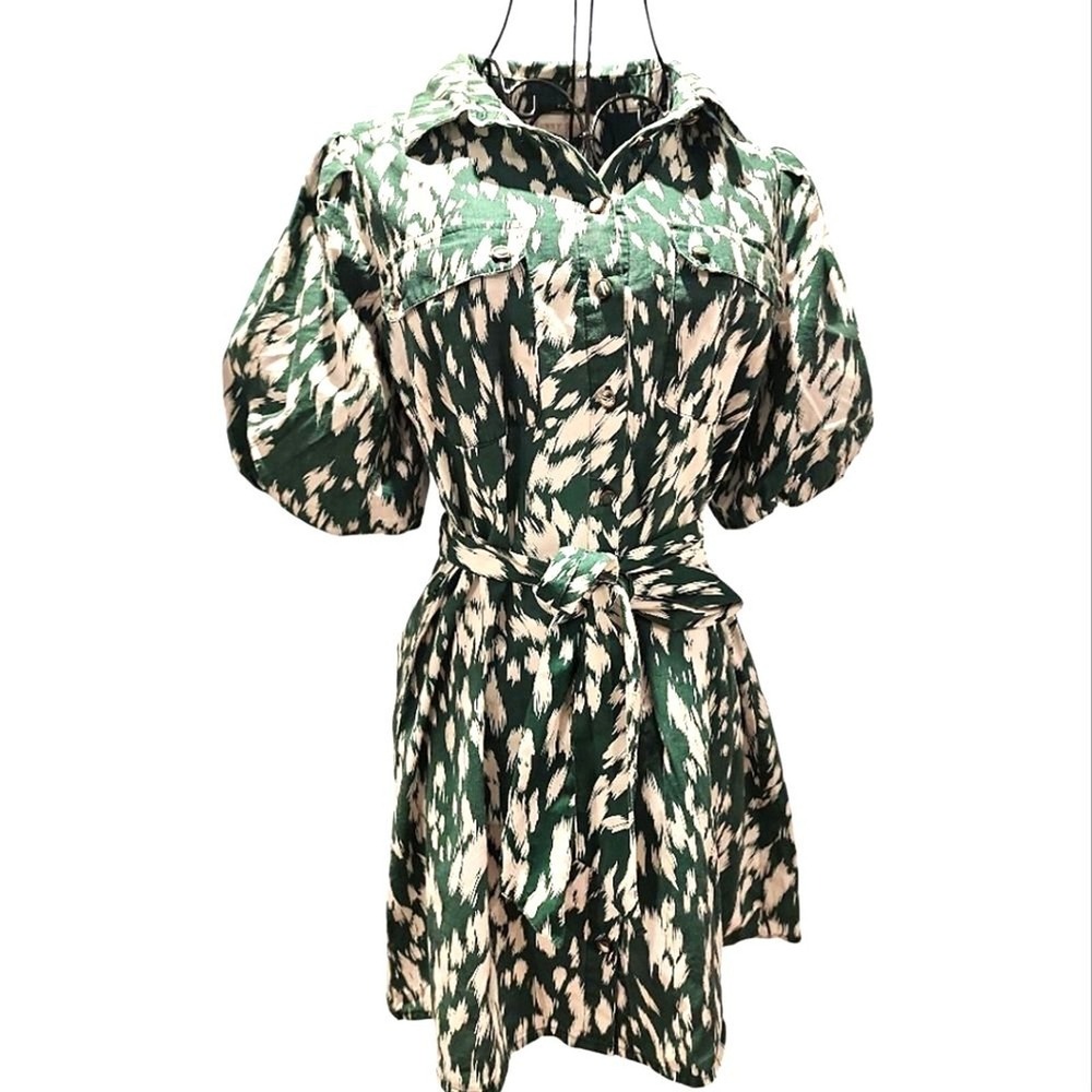 Sunny Girl Shirt Belted Dress Women 4 Green Abstract Puff Sleeve Boho Chic Party